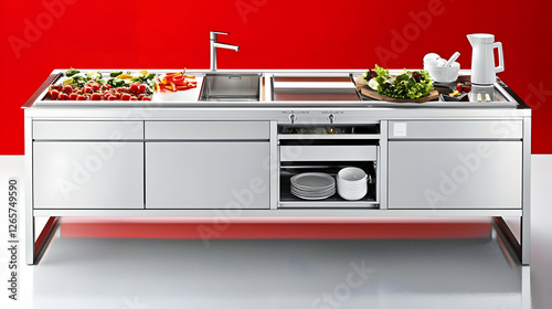 Modern stainless steel kitchen island with food prep area, red wall.  Possible stock photo use photo