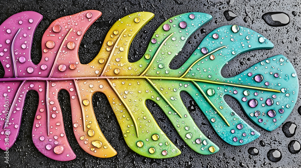Obraz premium Rainbow Monstera Leaf with Water Droplets on Dark Surface. Perfect for home decor, greeting cards, and websites