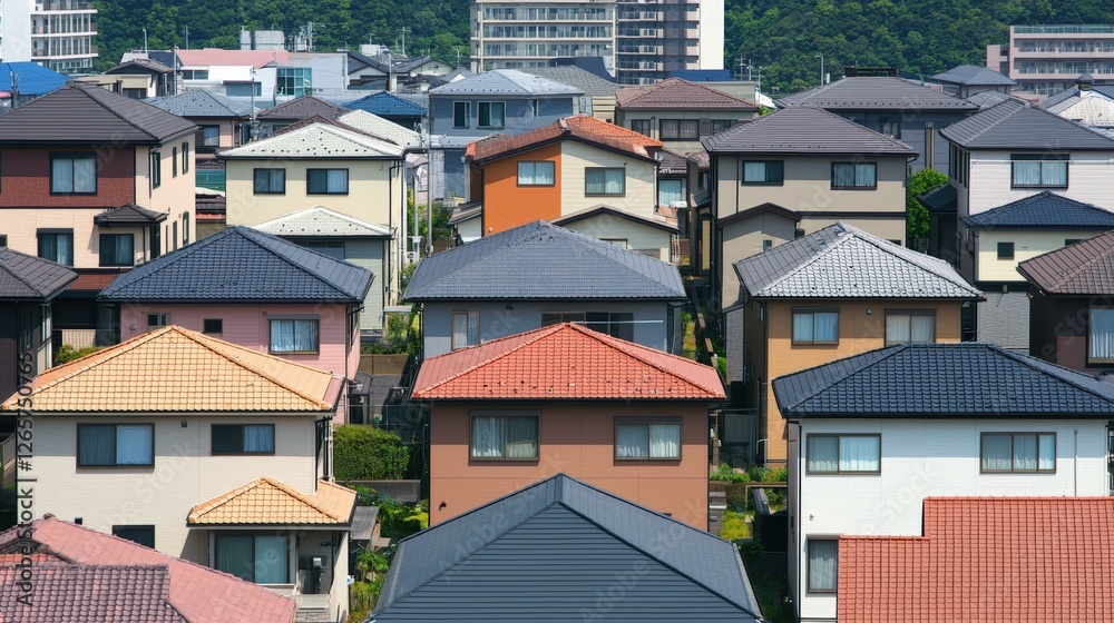 Home insurance property and earthquake, A vibrant neighborhood showcasing various residential homes with distinct roof styles and colors, illustrating modern architecture. Home insurance property and earthquake, A vibrant neighborhood showcasing various residential homes with distinct roof styles and colors, illustrating modern architecture.