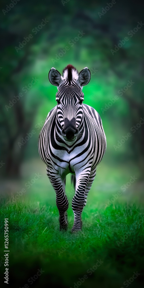 Fototapeta premium This stunning image captures a zebra gracefully walking through lush greenery, showcasing its striking black-and-white stripes against a vibrant, blurred background.