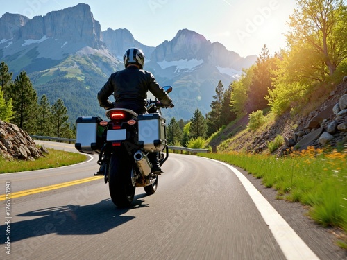 High speed motorcycle ride along a winding mountain highway on a sunny spring day