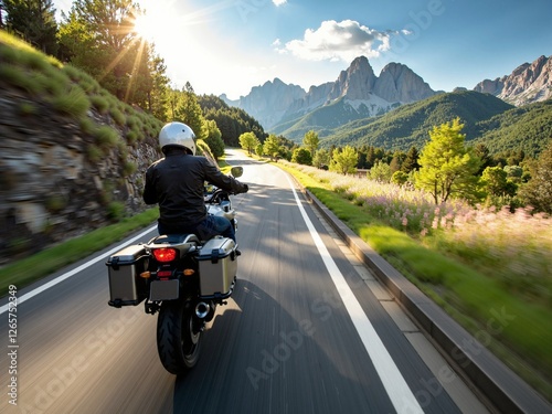 High speed motorcycle ride along a winding mountain highway on a sunny spring day