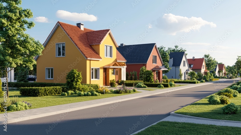 Home insurance property and earthquake, A picturesque suburban street lined with colorful houses under a clear blue sky, featuring well-maintained lawns and a peaceful atmosphere. Home insurance property and earthquake, A picturesque suburban street lined with colorful houses under a clear blue sky, featuring well-maintained lawns and a peaceful atmosphere.