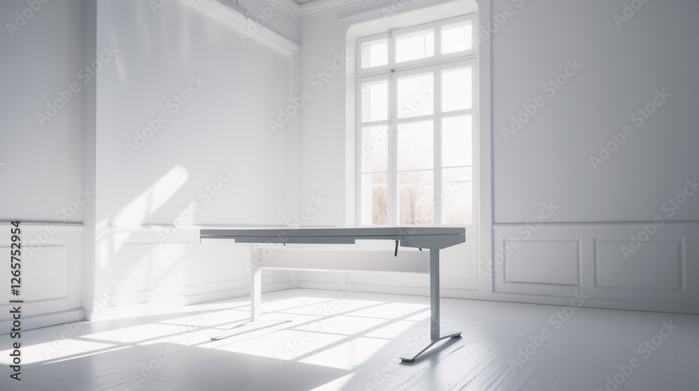 white minimal sit stand desk in an empty industrial office space white minimal sit stand desk in an empty industrial office space