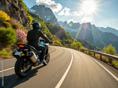 High speed motorcycle ride along a winding mountain highway on a sunny spring day