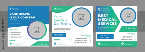 Professional medical healthcare service social media post template design. Clinic or hospital digital marketing. Creative health business promotion banner for doctor, dentist with logo.