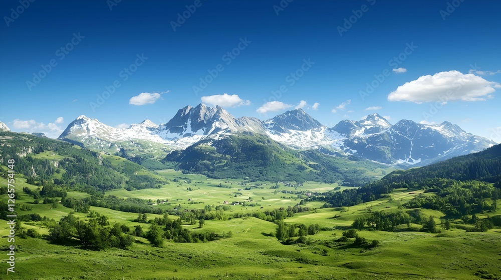 Naklejka premium Snowcapped Mountains and Lush Green Valley Landscape