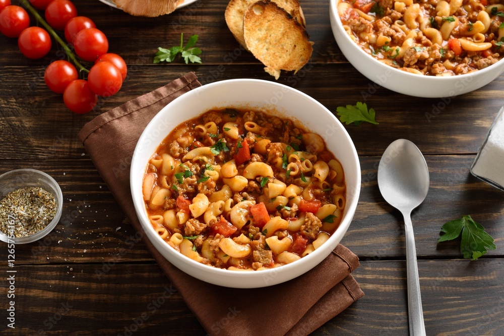 American goulash, dish with ground beef and elbow macaroni in tomato sauce American goulash, dish with ground beef and elbow macaroni in tomato sauce