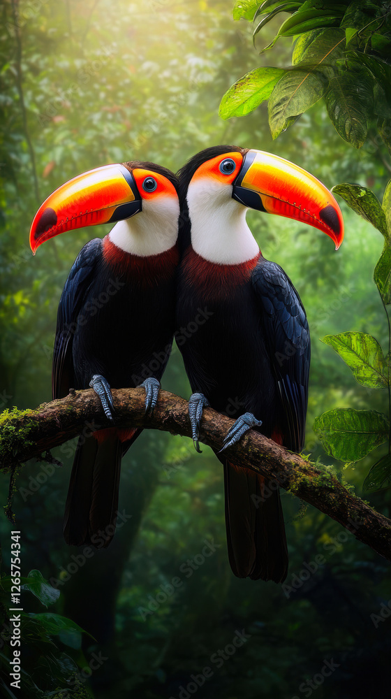 Fototapeta premium Two vibrant toucans perched closely together on a branch, surrounded by lush greenery.