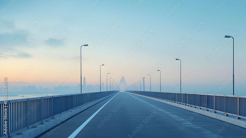 Fototapeta premium Long Highway Bridge at Sunrise Over City Skyline