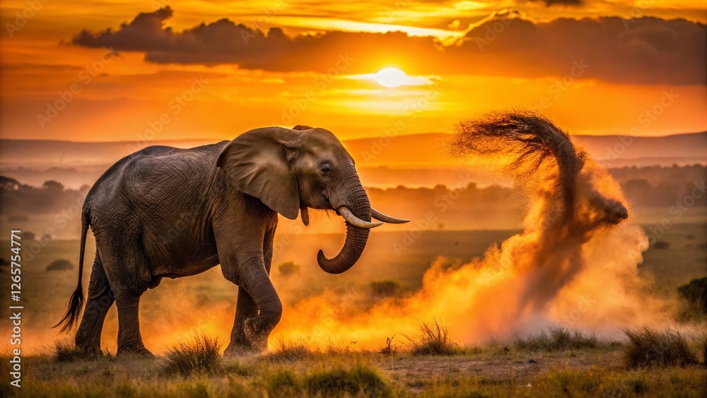 Fototapeta premium Elephant Dust Bath, Masai Mara Sunset, African Wildlife Photography