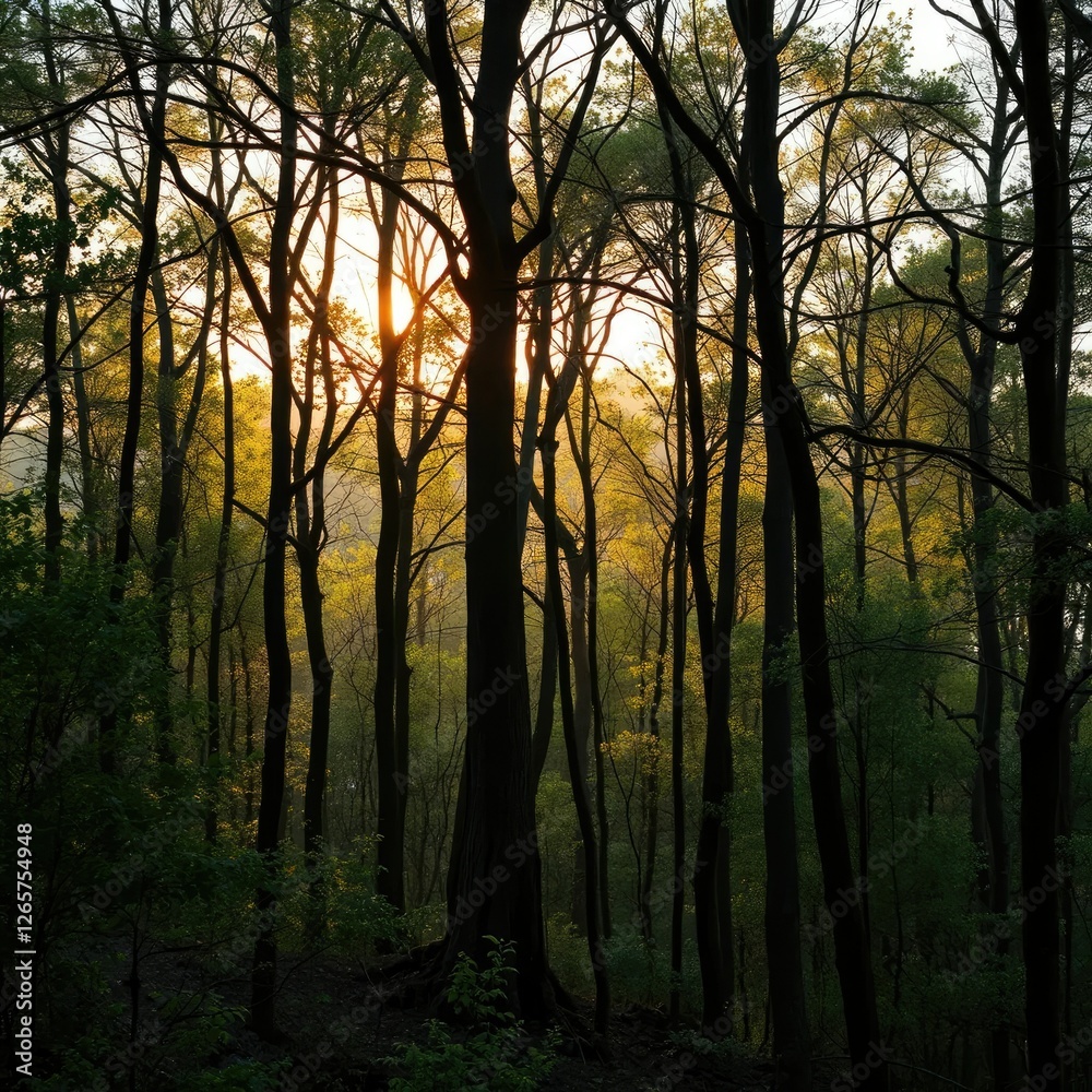Fototapeta premium Dense forest with golden light filtering through tree branches, woodlands, evening, trees