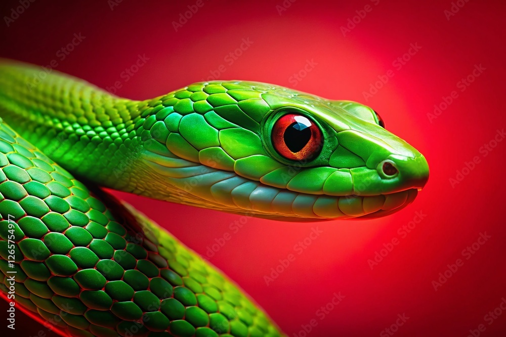 Obraz premium Emerald Green Snake Intense Gaze Vibrant Red Background Stock Photo