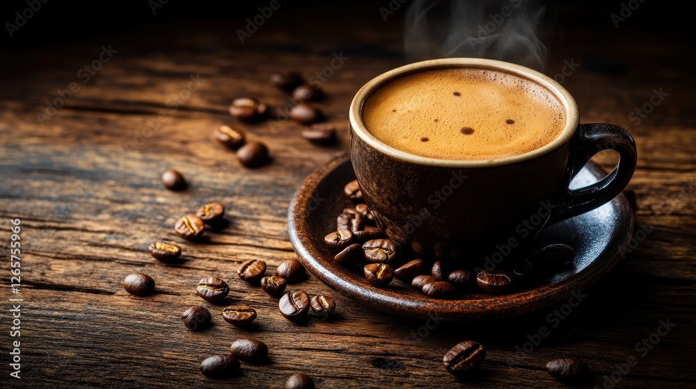 A warm cup of freshly brewed coffee sits on a wooden table, surrounded by scattered coffee beans, creating a cozy, inviting atmosphere. A warm cup of freshly brewed coffee sits on a wooden table, surrounded by scattered coffee beans, creating a cozy, inviting atmosphere.