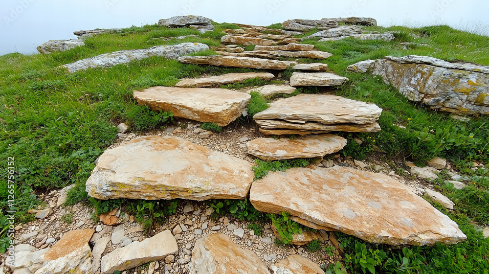 Elevated Stone Pathway Surrounded by Green Vegetation on a Cloudy Day Elevated Stone Pathway Surrounded by Green Vegetation on a Cloudy Day