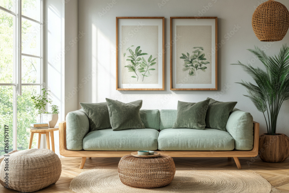 Fototapeta premium A modern living room interior styled with mint and olive tones, featuring minimalist decor, clean lines, and a serene atmosphere with functional yet inviting furniture
