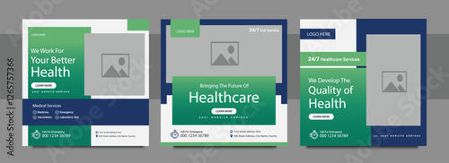 Professional medical healthcare service social media post template design. Clinic or hospital digital marketing. Creative health business promotion banner for doctor, dentist with logo.