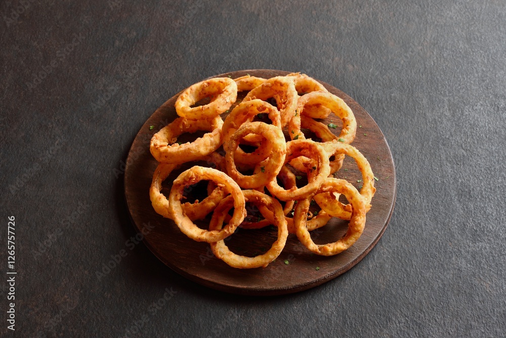 Heap of deep fried onion rings on wooden serving plate Heap of deep fried onion rings on wooden serving plate