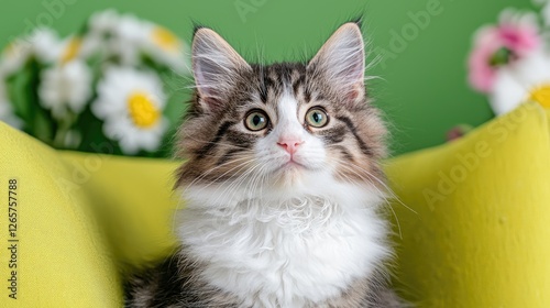 Cute Norwegian Forest Cat Kitten on Yellow Cushion, Flowers Background, Pet Portrait photo