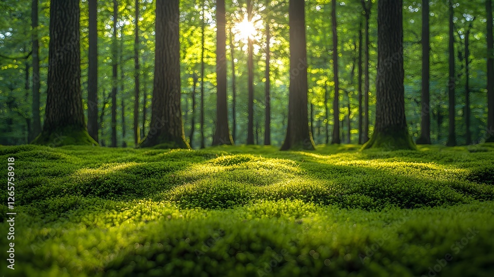 Obraz premium Vibrant and Lush Green Forest with Sunbeams Shining Through Towering Trees