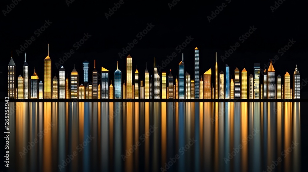 City Skyline at Night with Reflective Water Surface and Lights City Skyline at Night with Reflective Water Surface and Lights