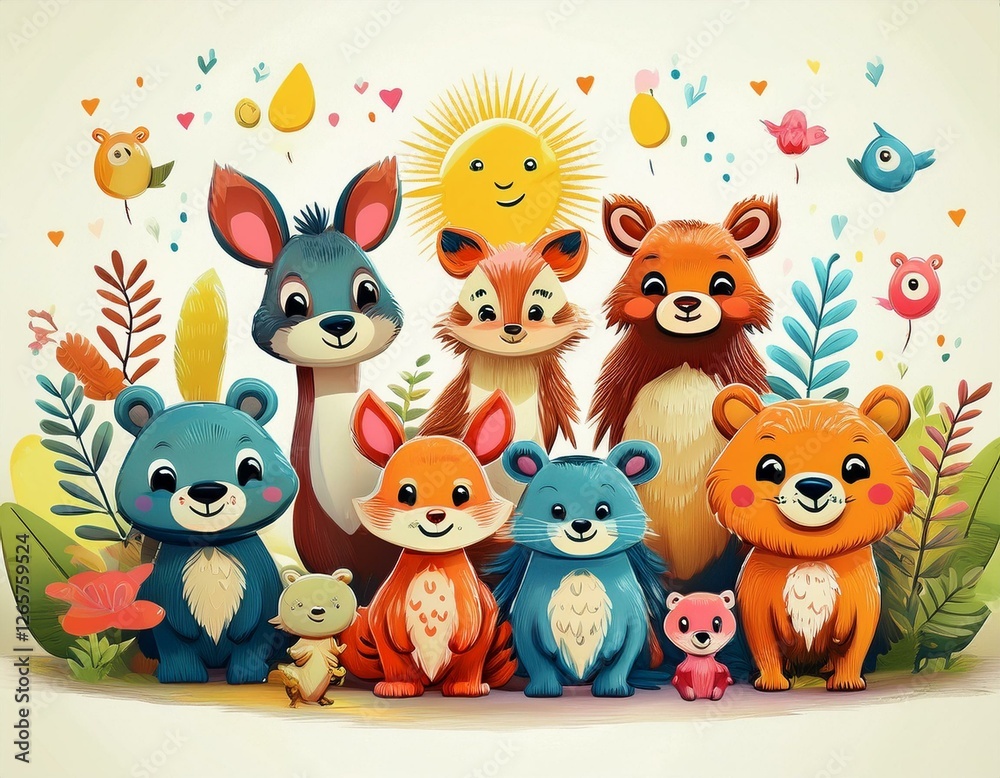 Naklejka premium Colorido dibujo de dibujos animados con animales del bosque lindos y caras soleadas en un fondo ligero
