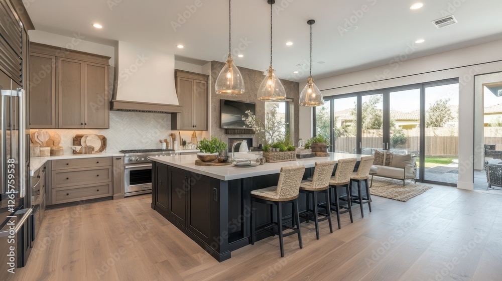 Spacious kitchen showcases island seating and backyard access seamlessly Spacious kitchen showcases island seating and backyard access seamlessly