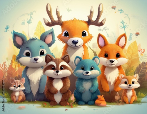Wallpaper Mural Colorido dibujo de dibujos animados con animales del bosque lindos y caras soleadas en un fondo ligero Torontodigital.ca