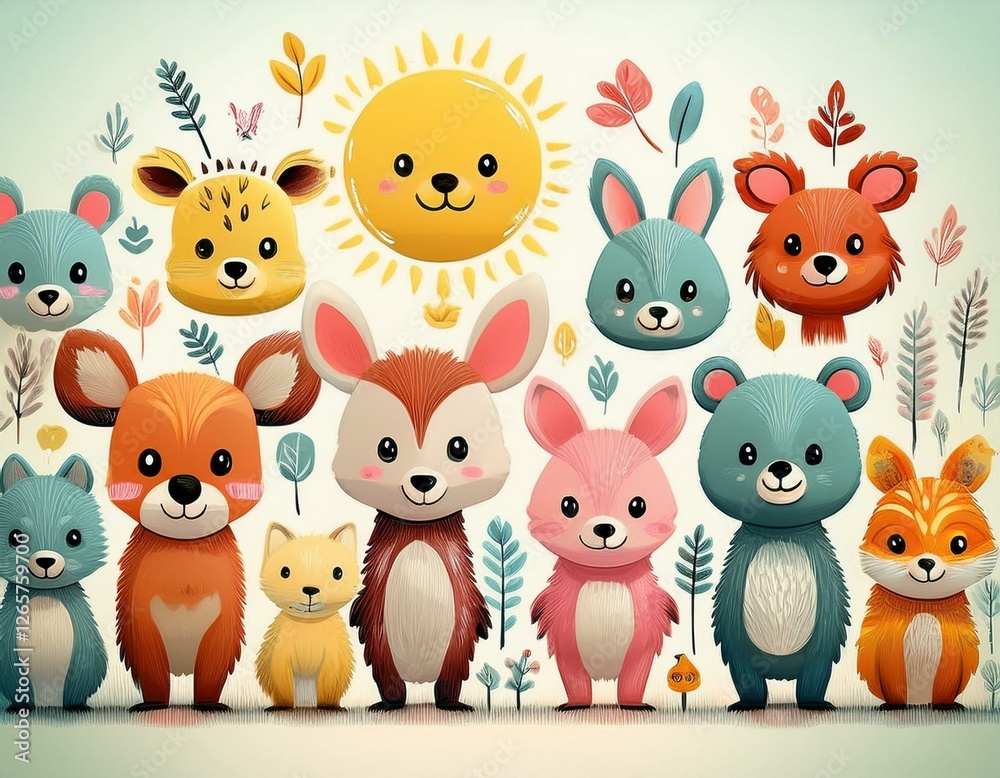 Naklejka premium Colorido dibujo de dibujos animados con animales del bosque lindos y caras soleadas en un fondo ligero