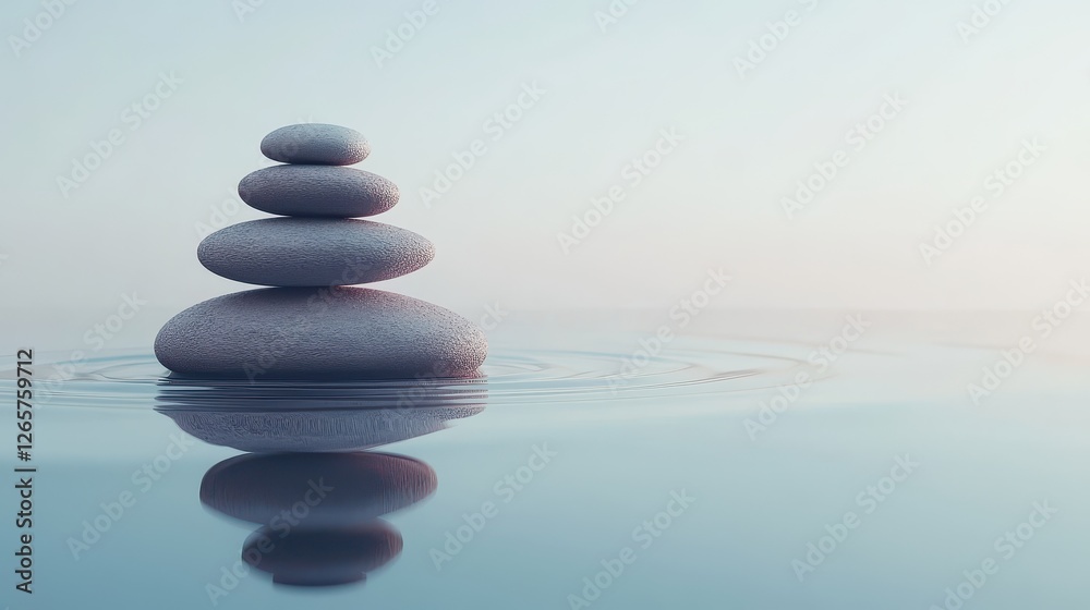 A serene stack of smooth stones balances elegantly on tranquil water, reflecting a peaceful atmosphere and minimalism in soft pastel hues. A serene stack of smooth stones balances elegantly on tranquil water, reflecting a peaceful atmosphere and minimalism in soft pastel hues.