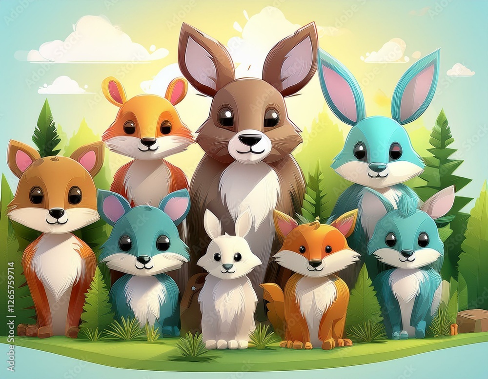 Naklejka premium Colorido dibujo de dibujos animados con animales del bosque lindos y caras soleadas en un fondo ligero