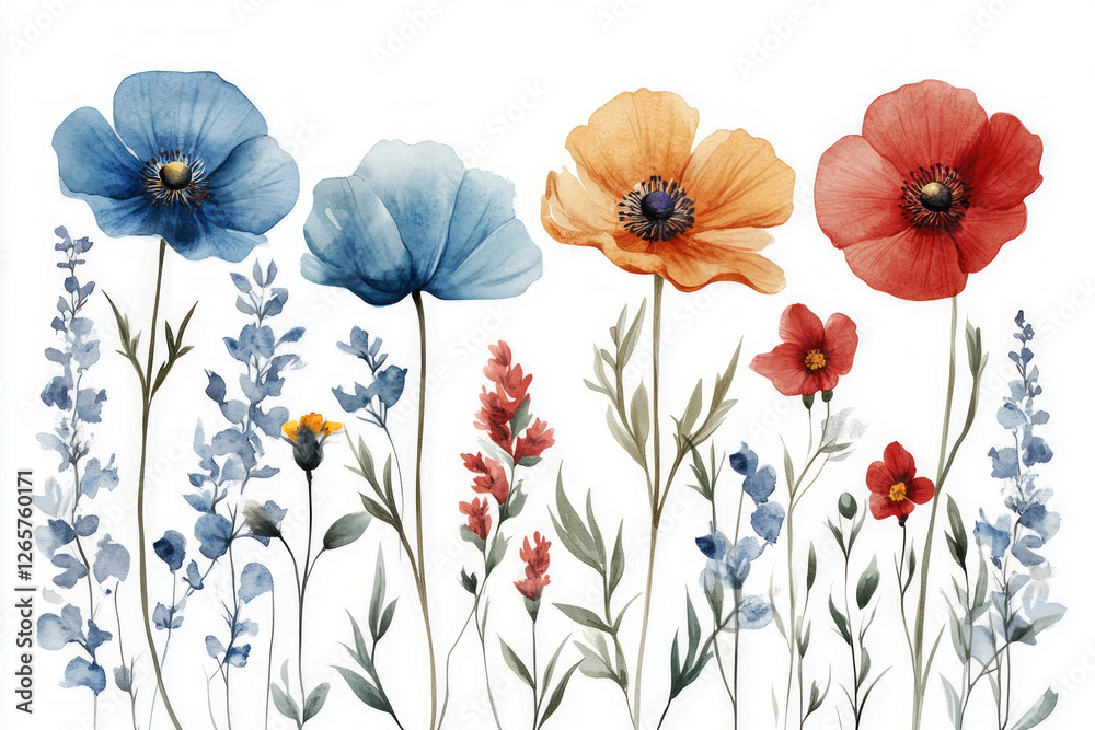 Fototapeta premium A beautiful watercolor illustration of wildflowers, delicately painted in a botanical style, isolated on a white background, perfect for a clean and minimalist poster