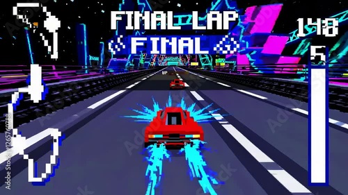 Red sports car racing on final lap through retro pixel art cityscape, navigating neon lit urban landscape with high speed competitive intensity