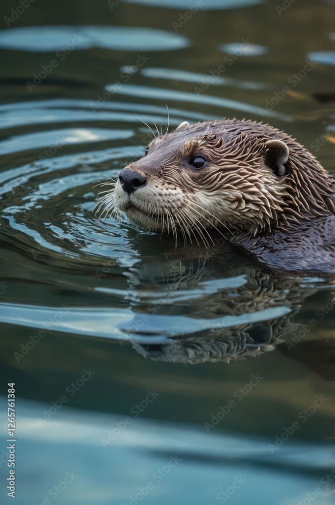 A close-up of an otter swimming in calm water, showcasing its playful nature. A close-up of an otter swimming in calm water, showcasing its playful nature.