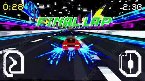 Pixelated red racing car speeding during final lap, leaving electric blue trails across neon charged futuristic cityscape under nighttime digital landscape