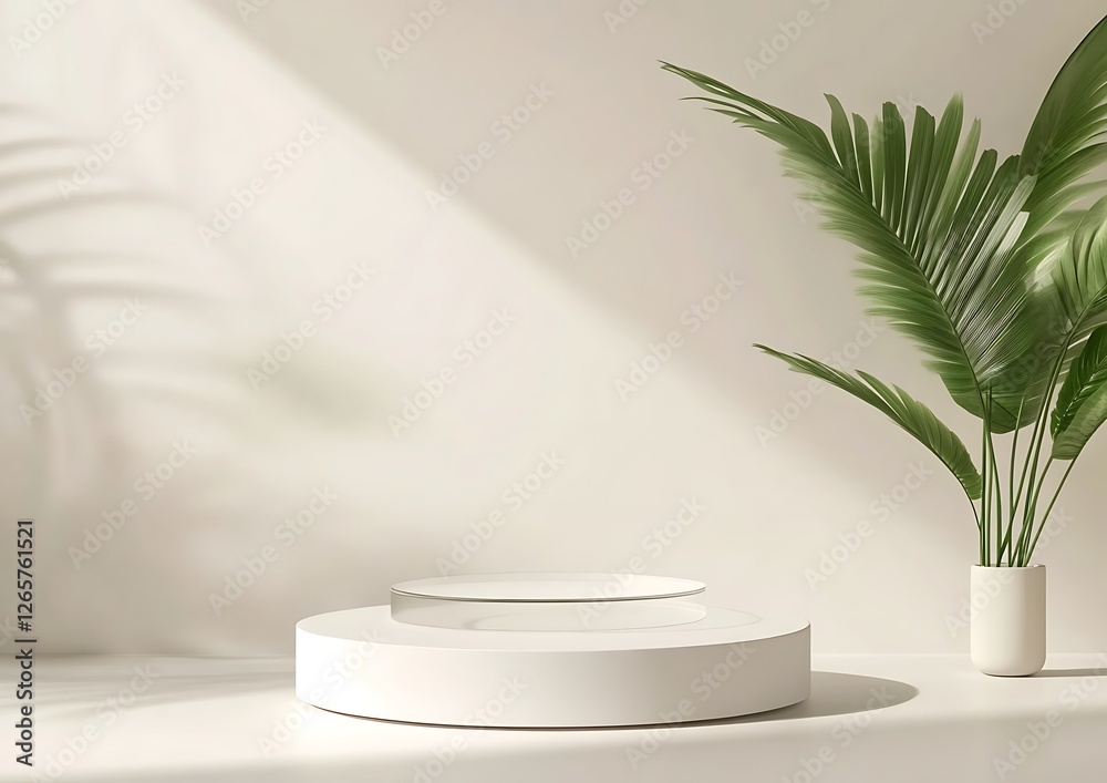 White podium with circular glass 3d minimalist abstract background White podium with circular glass 3d minimalist abstract background