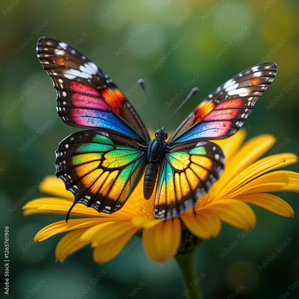 Fototapeta premium A multi-colored butterfly gracefully flies among vibrant natural surroundings, showcasing its vivid hues and delicate wings.
