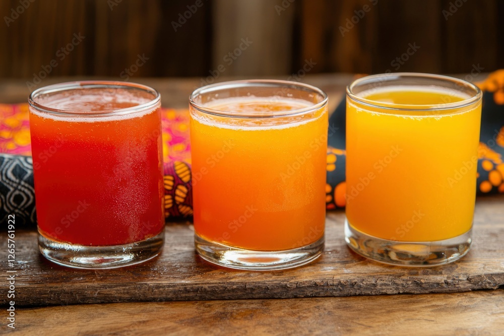 Variety of fruit juices on a wooden table with colorful cloths in background Variety of fruit juices on a wooden table with colorful cloths in background