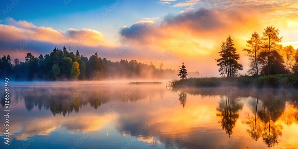 Fototapeta premium Ethereal Fog Rolling Over Serene Lake at Dawn - Misty Landscape Photography