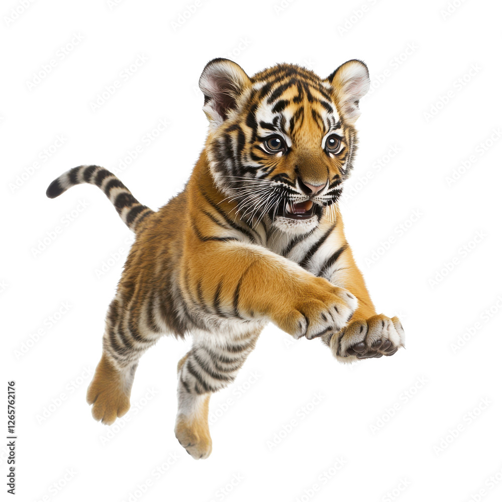 Obraz premium Energetic tiger cub in playful midleap against Transparent background