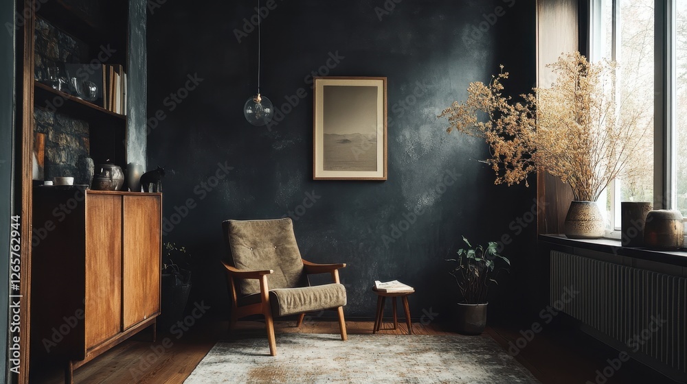 Intimate reading nook with modern furniture set against textured walls Intimate reading nook with modern furniture set against textured walls