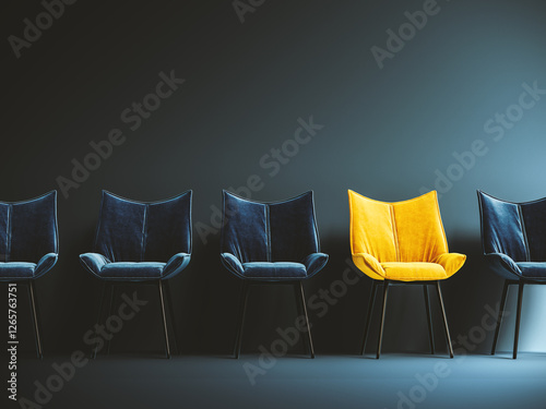 Fototapeta Naklejka Na Ścianę i Meble -  Hiring concept design. One empty yellow chair among many. One spot left. 3D Rendering, 3D Illustration