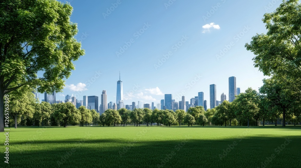 Lush Green Park with City Skyline Under Clear Blue Sky and Bright Sunlight in Urban Landscape Lush Green Park with City Skyline Under Clear Blue Sky and Bright Sunlight in Urban Landscape