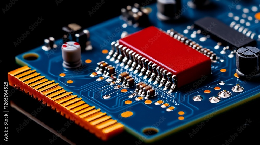 Close-Up of Blue Circuit Board with Red Microchip and Components Close-Up of Blue Circuit Board with Red Microchip and Components