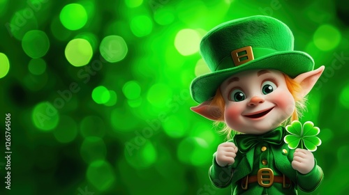 A cheerful 3D-rendered leprechaun wearing a green hat holds a glowing four-leaf clover against a vibrant green bokeh background. St. Patrick’s Day and Irish luck concept.