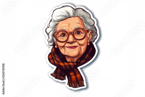 An endearing portrait of an elderly woman with glasses wearing a cozy scarf, radiating wisdom, warmth, and a sense of nostalgia that speaks to the beauty of aging gracefully. photo