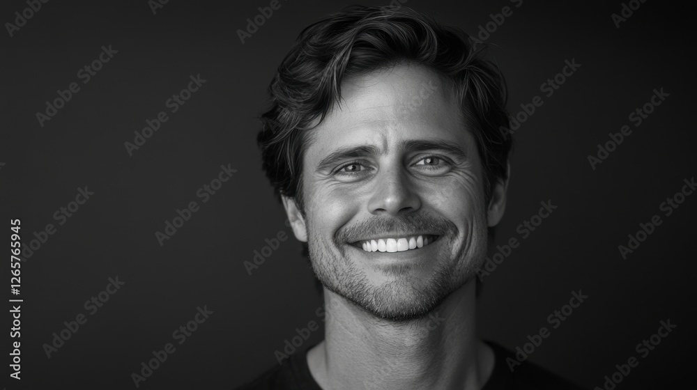 A smiling Caucasian man with short wavy hair poses against a dark background, exuding warmth and confidence with his bright smile.