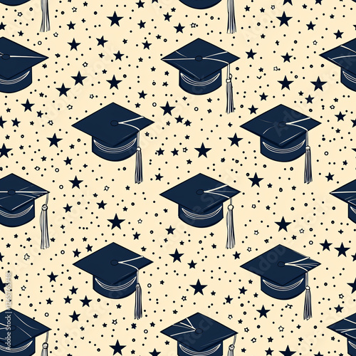 Modern Seamless Graduation Pattern with Mortarboards and Diplomas. Vector illustration