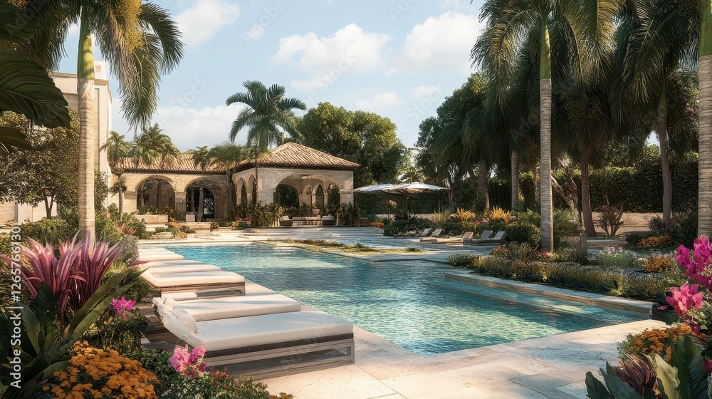 Fototapeta premium Beautiful swimming pool and luxurious villa surrounded by lush greenery