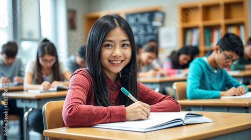 Smiling senior high school girl sitting at desk in classroom, writing in notebook, posing and looking at camera. Group of diverse classmates studying on background 